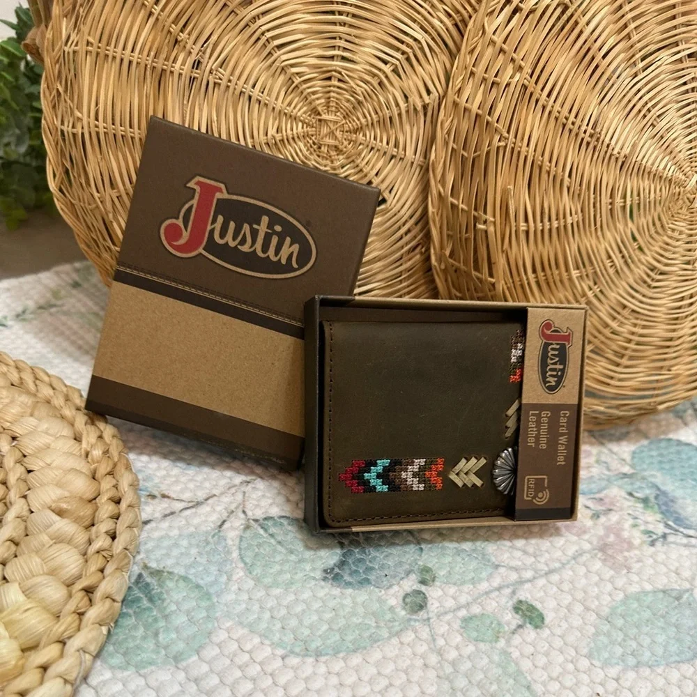 New Justin Boots Genuine Leather Card Wallet Tribal Western Colorful Embroidery